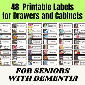 48 Printable Dementia-Friendly Closet & Cabinet Labels, Easy-to-Read Home Organization for Seniors, Memory Loss, Senior Friendly Home Label
