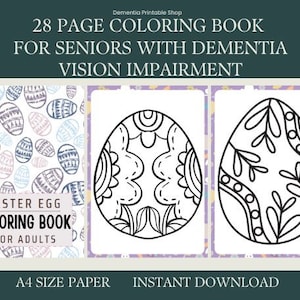 Simple Coloring Book for Seniors with Dementia, Memory Loss, Parkinson&#39;s, Vision Impairment, 28 coloring pages, easter, Dementia worksheets