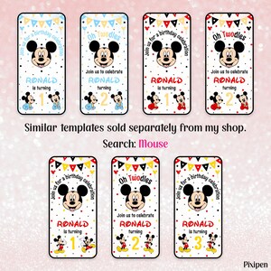 May include: Rectangular birthday-themed templates featuring a cartoon mouse character. Each design includes the text "Join us for a birthday celebration," the name "RONALD," and the age. The templates are decorated with colorful bunting and polka dots.