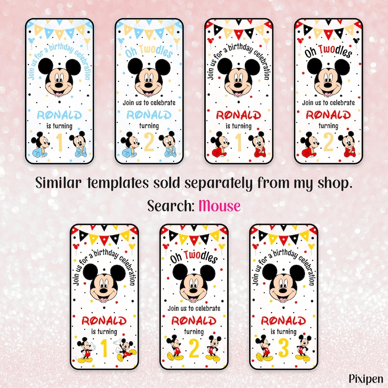May include: Rectangular birthday-themed templates featuring a cartoon mouse character. Each design includes the text "Join us for a birthday celebration," the name "RONALD," and the age. The templates are decorated with colorful bunting and polka dots.
