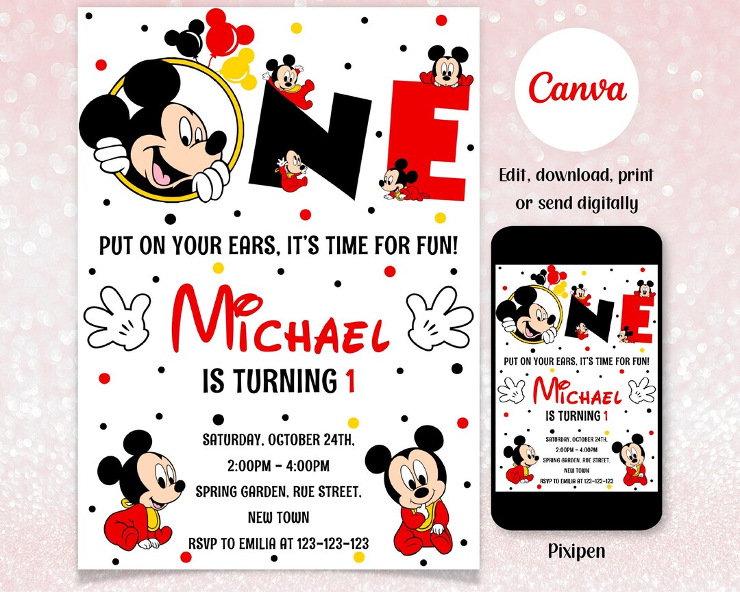 Mickey Mouse 1st Birthday Invitation for Toddler Editable Mickey Mouse ...