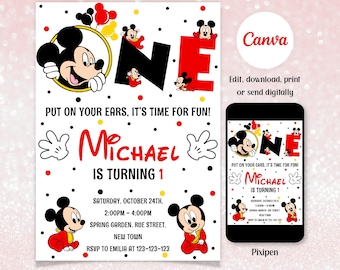 Mickey Mouse 1st birthday invitation for toddler Editable Mickey mouse birthday invitation for toddlers 1 birthday invitation toddler invite