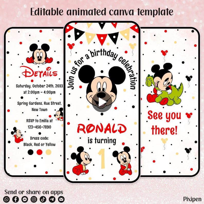 Editable Mickey Mouse 1st Birthday Invitation Mickey Mouse Birthday ...