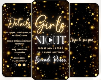 Invitación editable para noche de chicas. Invitación para noche de chicas en negro y dorado. Invitación digital para noche de chicas. Invitaciones para noche de chicas con Evite.