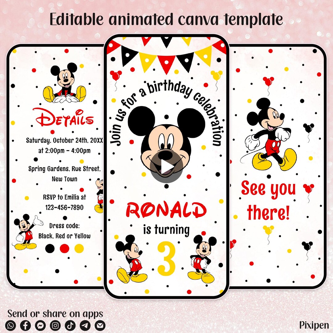 Editable Mickey Mouse 3rd Birthday Invitation Mickey Mouse 3 Digital ...
