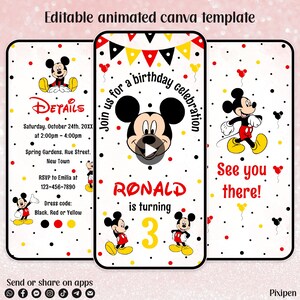 Könnte beinhalten: Eine editierbare, animierte Canva-Vorlage für eine Mickey Mouse-Geburtstagseinladung. Das Design umfasst Mickey Mouse-Illustrationen, Polka Dots und Party-Details. Die Einladung lautet "Feiern Sie mit uns einen Geburtstag" und "Wir sehen uns dort!"