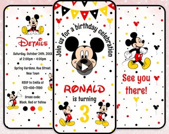 Bewerkbare Mickey Mouse 3e verjaardagsuitnodiging Mickey Mouse 3 digitale verjaardagsuitnodiging Mickey Mouse 3e digitale geanimeerde uitnodiging evite