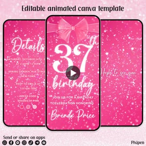 37th birthday invitation sparkling pink bow 37th digital birthday invitation 37 birthday evite pink glitter 37th digital video invitation