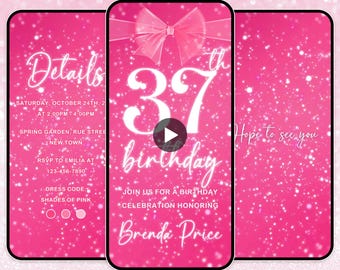 37th birthday invitation sparkling pink bow 37th digital birthday invitation 37 birthday evite pink glitter 37th digital video invitation