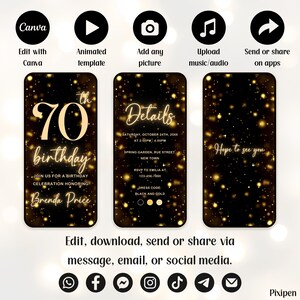 May include: A digital invitation template for a 70th birthday celebration. The design features a black and gold color scheme with sparkling accents. The invitation includes event details and the option to edit, download, and share via various platforms.