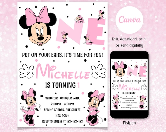 Minnie mouse 1st birthday invitation for toddler Editable 1st Minnie mouse birthday invitation for toddlers 1 birthday invitations for girls