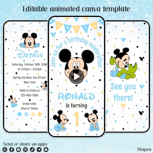 Convite de aniversário de 1 ano do Mickey Mouse Convite digital azul do Mickey Mouse editável Vídeo animado digital do Mickey Mouse Convite de aniversário