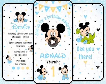 Mickey mouse 1st birthday invitation Blue Mickey mouse digital invitation editable Mickey mouse digital animated video birthday invitation