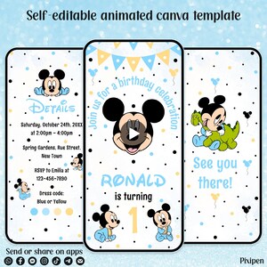 Mickey Mouse 1e verjaardagsuitnodiging Blauwe Mickey Mouse digitale uitnodiging bewerkbare Mickey Mouse digitale geanimeerde video verjaardagsuitnodiging