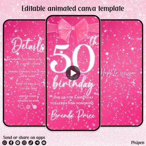 Puede incluir: Plantilla de invitación digital rosa para una celebración de 50 cumpleaños. El diseño presenta un fondo rosa con destellos blancos y texto. La invitación incluye detalles como fecha, hora, lugar, información RSVP y código de vestimenta.
