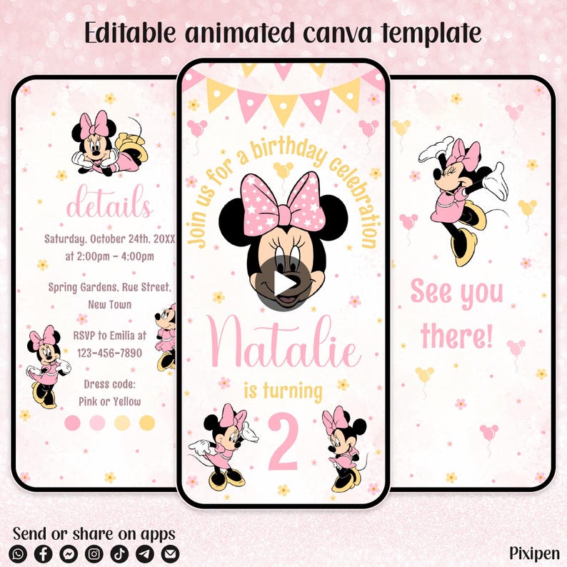 Minnie Mouse 2nd Birthday Invitation Editable Pink Minnie Mouse ...