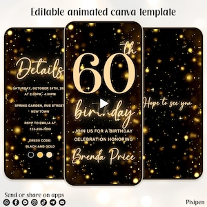 60th birthday invitation sparkling 60 birthday invitation sparkling black and gold 60th digital birthday invitation digital invitation evite