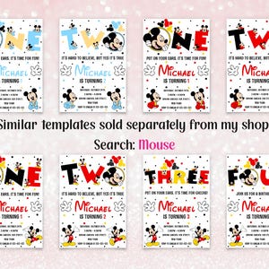 May include: Invitations featuring Mickey Mouse, with the words "ONE," "TWO," "THREE," and "FOUR" in bold letters. Each invitation includes the name "Michael" and birthday details. The invitations are decorated with polka dots and Mickey Mouse illustrations.