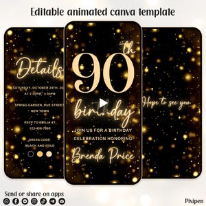 90th birthday invitation sparkling 90 birthday invitation sparkling black and gold 90th digital birthday invitation digital invitation evite