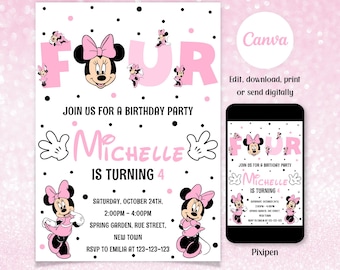 Invitación de cumpleaños número 4 de Minnie Mouse para niñas. Invitación editable para fiesta de cumpleaños número 4 de Minnie Mouse para niñas. 4 invitaciones de cumpleaños para niñas.