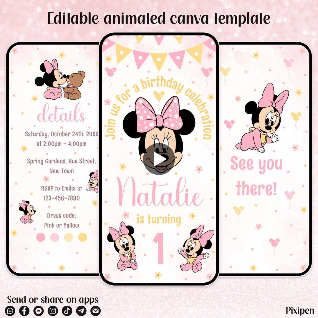 Minnie Mouse 1st Birthday Invitation Editable Pink Minnie Mouse ...