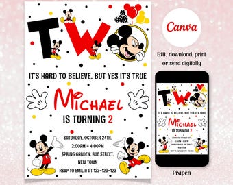 May include: A Mickey Mouse themed birthday invitation. The design features the word "Two" in black and red, the name "Michael", and the phrase "Is Turning 2." The invitation also includes event details and RSVP information.