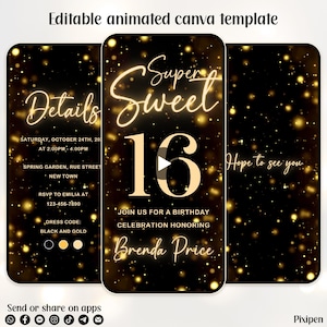 Sweet 16 birthday invitation editable black and gold birthday invitation Sweet 16 digital birthday invitation 16th birthday invitation evite