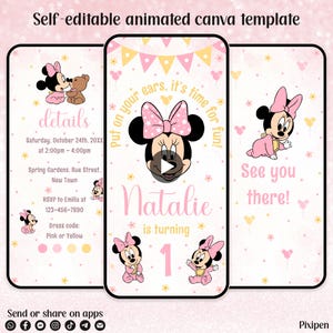 Convite de aniversário da Minnie Mouse rosa Convite digital da Minnie Mouse editável Vídeo animado digital da Minnie Mouse Convite de 1º aniversário