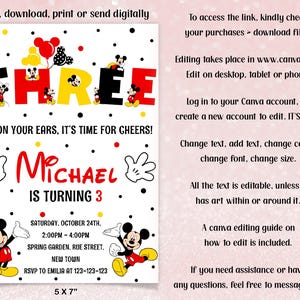 Mickey Mouse 3rd Birthday Invitation Editable Mickey Mouse Birthday ...