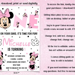 May include: A pink and white invitation card with Minnie Mouse graphics. The card reads "Michelle is turning 1" and includes event details. The design features polka dots, Minnie Mouse illustrations, and the text "Put on your ears, it's time for fun!" The card measures 5 x 7 inches.
