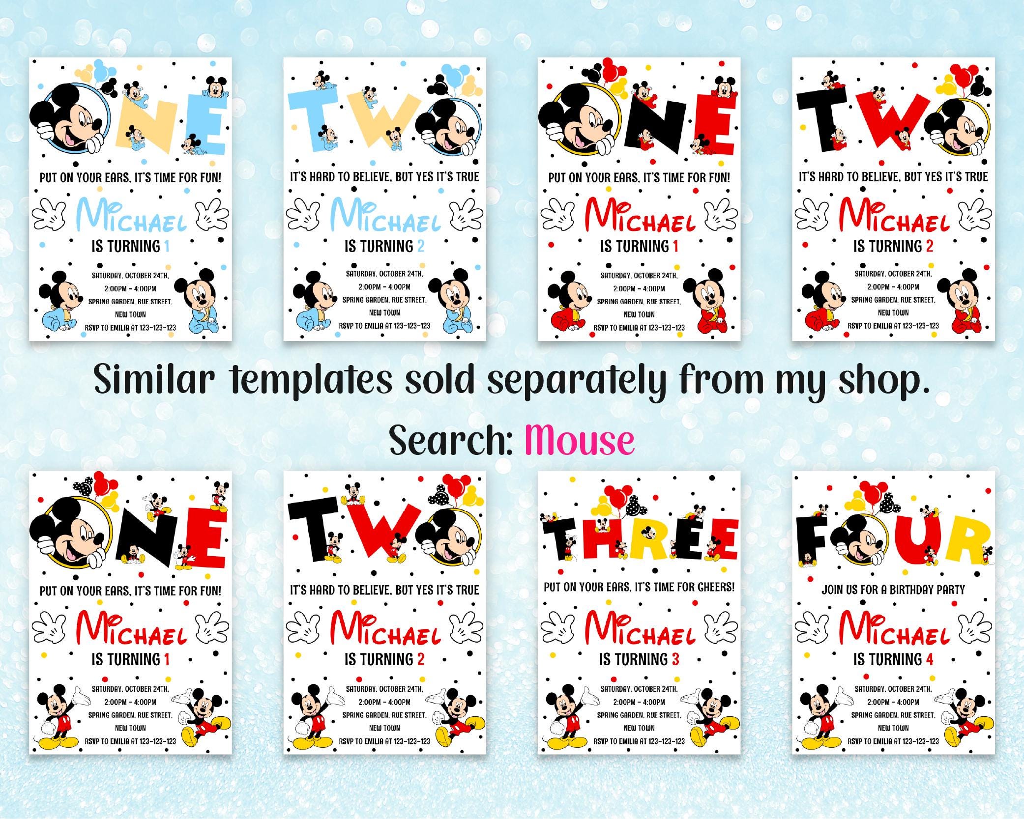 Mickey Mouse 1st Birthday Invitation Blue Mickey Mouse Digital ...