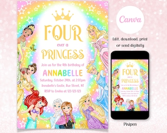 May include: A princess-themed birthday invitation with a rainbow background and illustrations of various princesses. The invitation reads "FOUR ever a PRINCESS" and includes party details. A smartphone displays the invitation.