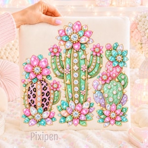 May include: A square decorative cushion featuring a beaded and rhinestone-encrusted cactus design. The artwork displays three cacti in shades of green and pink, accented with leopard print patterns, sparkling floral blooms, and clear crystals.
