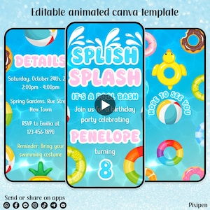 Può includere: Un modello di invito digitale a tema festa in piscina. Il design presenta le parole "Splish Splash" e "It's a Pool Bash" con i dettagli per una festa di compleanno. Sono inclusi anche colorati galleggianti per piscina e un pallone da spiaggia.