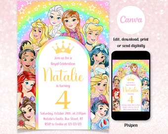 Convite de aniversário de princesa em aquarela Cartão de convite de princesa em aquarela Convite de aniversário de princesa em aquarela Cartões de convite de princesa