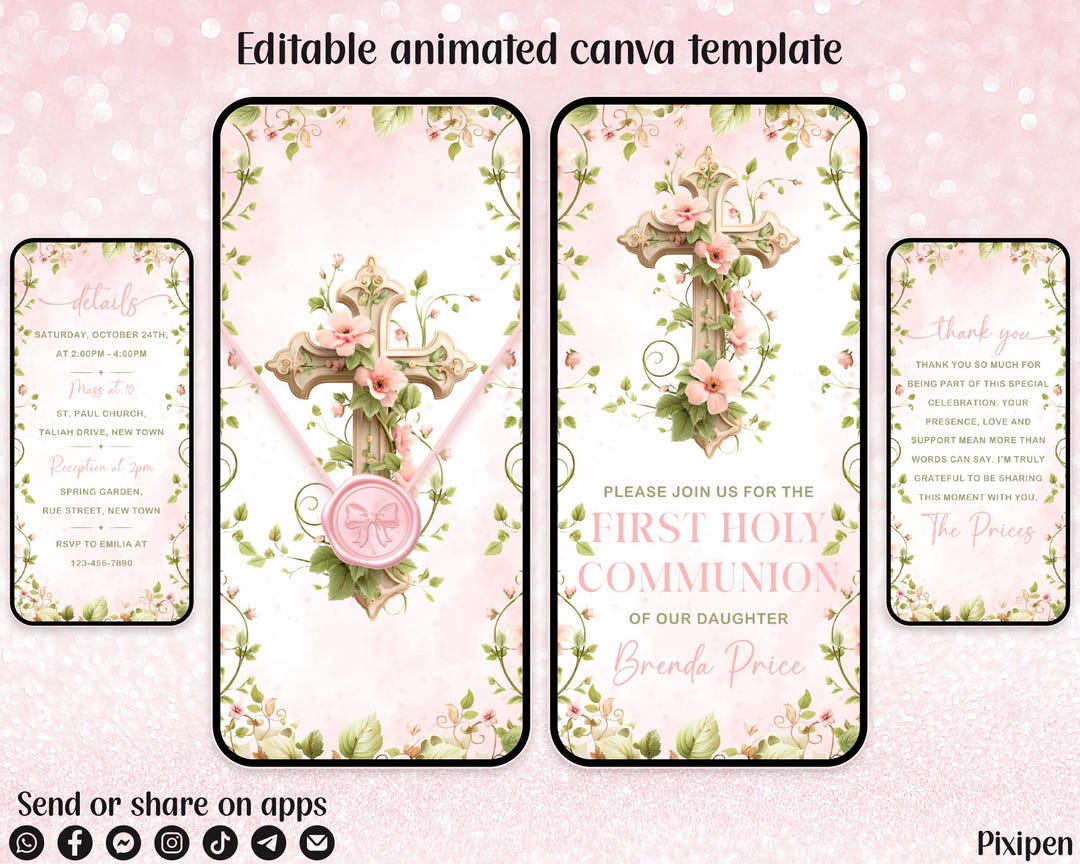 Pink First Holy Communion Invitation Editable Pink Floral Girl First ...