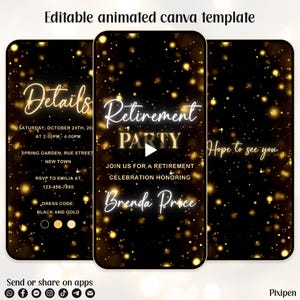 Faire-part de départ à la retraite, invitation modifiable pour un départ à la retraite, noir et or, invitation à un départ en retraite, invitation numérique pour départ à la retraite, invitation