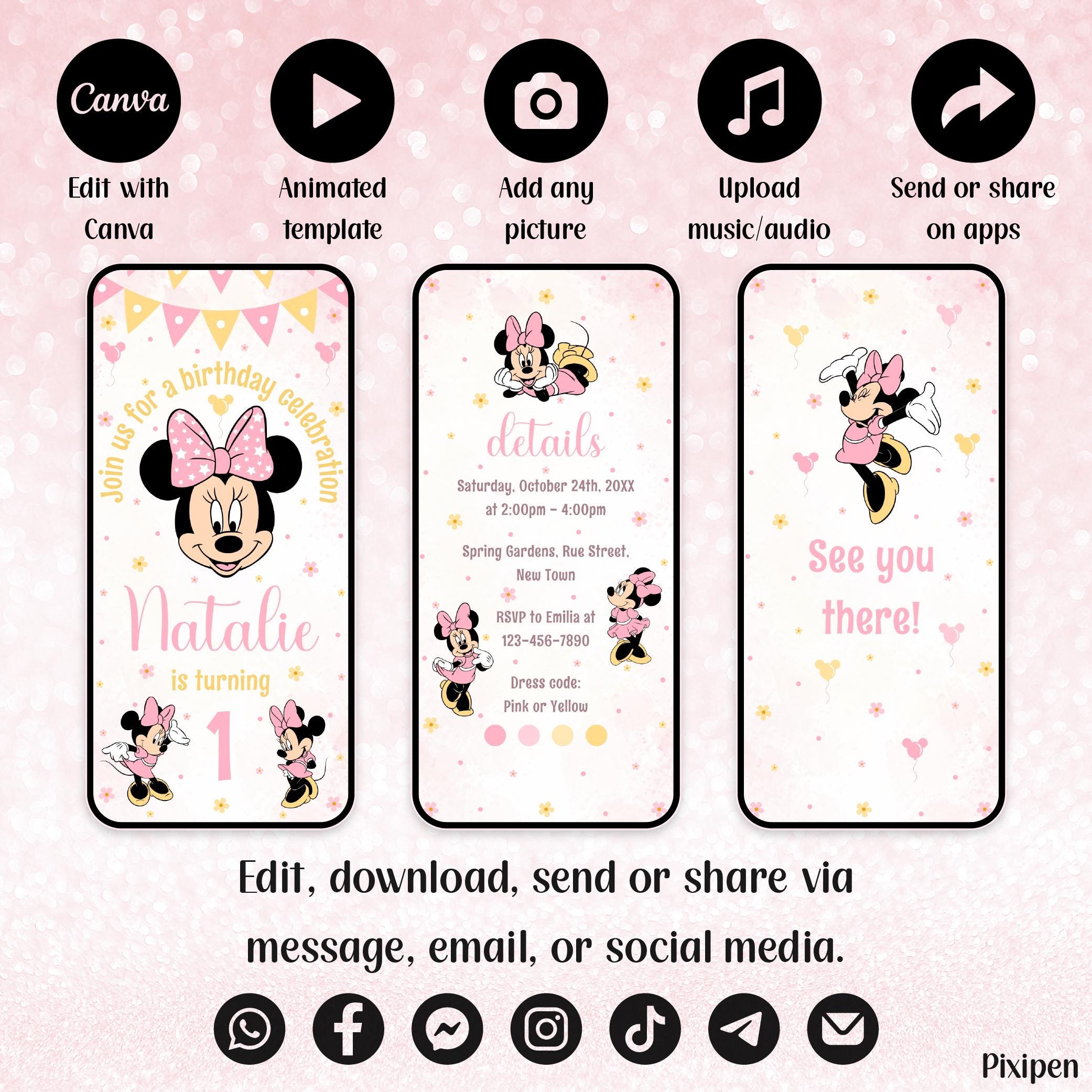 Minnie Mouse 1st Birthday Invitation Editable Pink Minnie Mouse ...