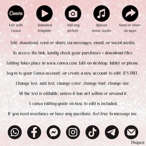 May include: A pink graphic with black icons and text promoting Canva. The text includes instructions on editing, downloading, and sharing templates. It also provides information on accessing files and contacting the seller for assistance.