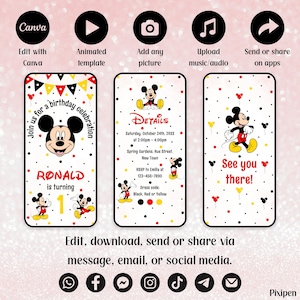May include: Three digital invitation templates featuring Mickey Mouse. The first displays "Join us for a birthday celebration" and "Ronald is turning 1." The second includes party details. The third says "See you there!" with Mickey.