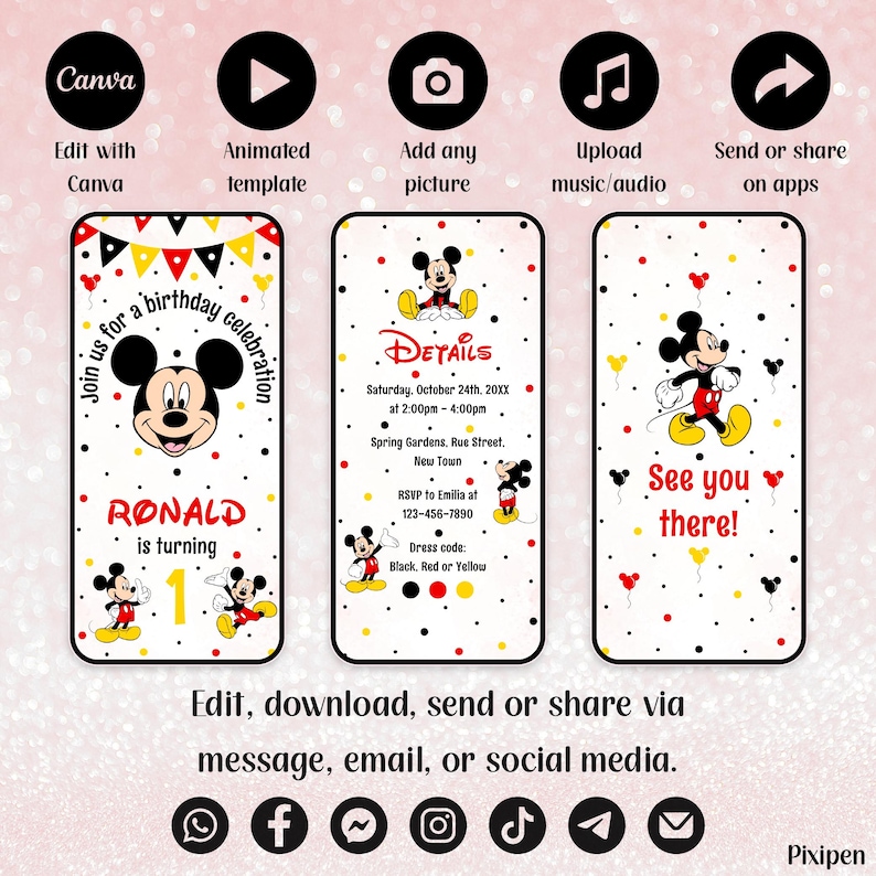 May include: Three digital invitation templates featuring Mickey Mouse. The first displays "Join us for a birthday celebration" and "Ronald is turning 1." The second includes party details. The third says "See you there!" with Mickey.