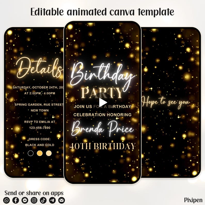 Editable Birthday Party Invitation Black and Gold Birthday Party ...