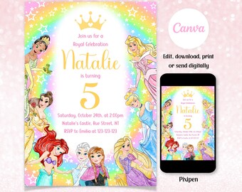 Convite de aniversário de princesa em aquarela Cartão de convite de princesa em aquarela Convite de aniversário de princesa em aquarela Cartões de convite de princesa