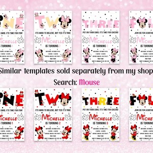 May include: A collection of birthday party invitations featuring Minnie Mouse. Each invitation displays a number from one to four, along with the name "Michelle" and party details. The invitations are in pink, red, and black.