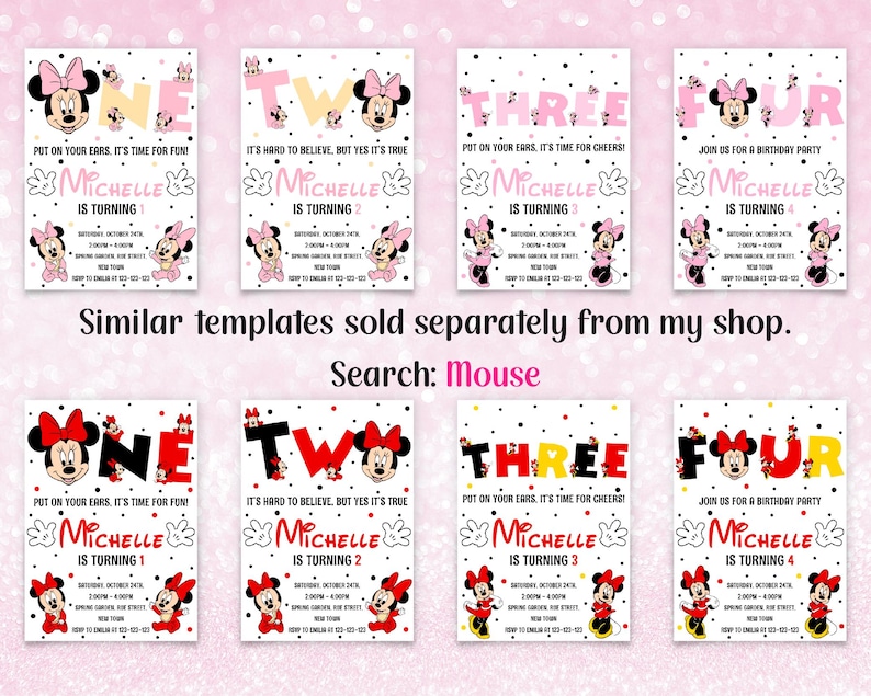 May include: A collection of birthday party invitations featuring Minnie Mouse. Each invitation displays a number from one to four, along with the name "Michelle" and party details. The invitations are in pink, red, and black.