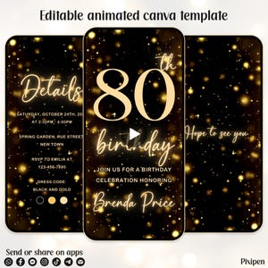 80th birthday invitation sparkling 80 birthday invitation sparkling black and gold 80th digital birthday invitation digital invitation evite
