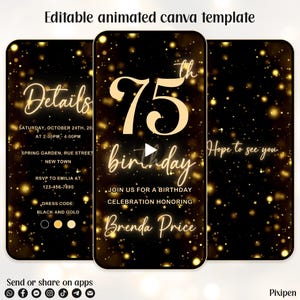 75th birthday invitation sparkling 75 birthday invitation sparkling black and gold 75th digital birthday invitation digital invitation evite