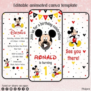 Editable Mickey Mouse birthday invitation Mickey Mouse digital birthday party invitation Mickey Mouse digital invitation animated invitation
