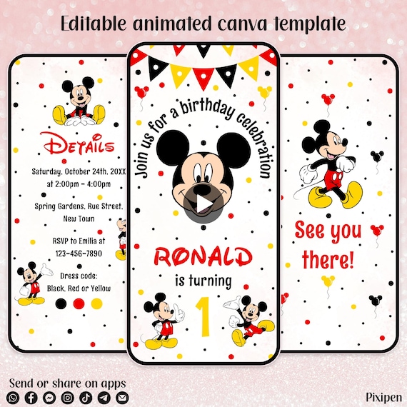Editable Mickey Mouse birthday invitation Mickey Mouse digital birthday party invitation Mickey Mouse digital invitation animated invitation