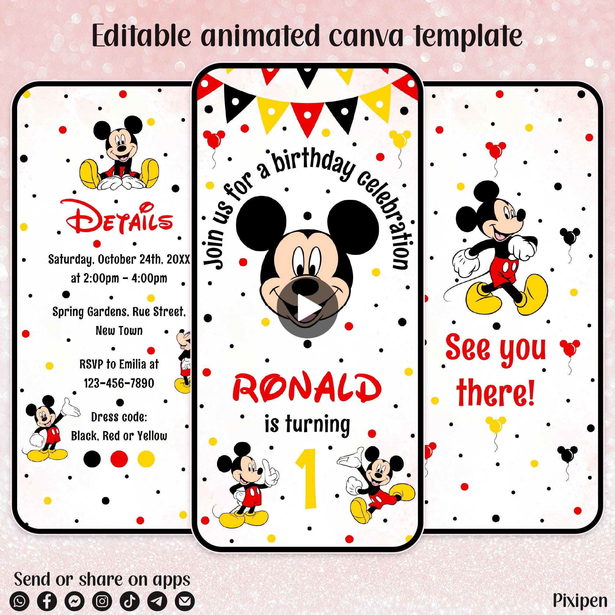 Editable Mickey Mouse Birthday Invitation Mickey Mouse Digital Birthday ...